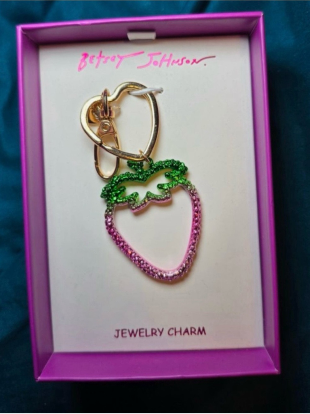 Betsey Johnson Pink & Green Strawberry Outline Charm with Gold Heart Ring